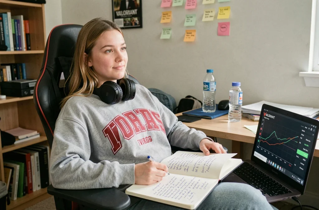 Joueuse prenant des notes stratégiques pour éviter le derank après une mauvaise série sur Valorant
