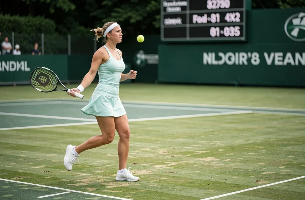 Joueuse de tennis professionnelle s'apprêtant à servir sur un court en gazon lors d'un tournoi majeur de l'été 2026