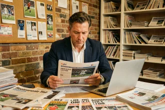 Journaliste sportif amiénois travaillant dans une salle de rédaction régionale avec journaux et archives sportives locales