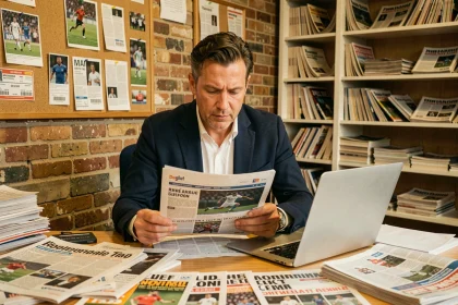 Journaliste sportif amiénois travaillant dans une salle de rédaction régionale avec journaux et archives sportives locales