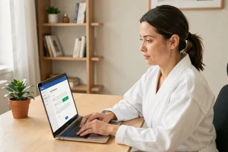 Judokate consultant le portail EXTRANET JUDO en ligne depuis son bureau pour gérer sa licence sportive
