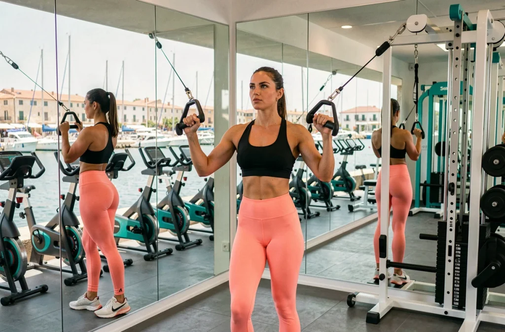 Salle de fitness Keepcool Marseille Vieux-Port avec équipements cardio et câbles face à des miroirs mur à mur