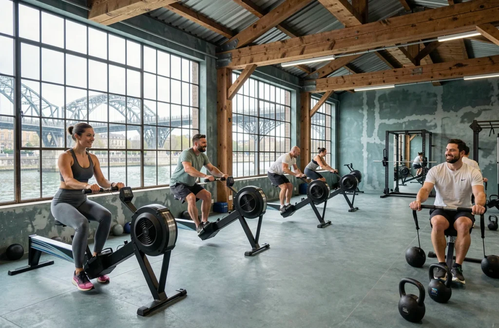 Salle de sport La Montgolfière Canal à Paris dans un entrepôt industriel au bord du canal avec machines de rowing
