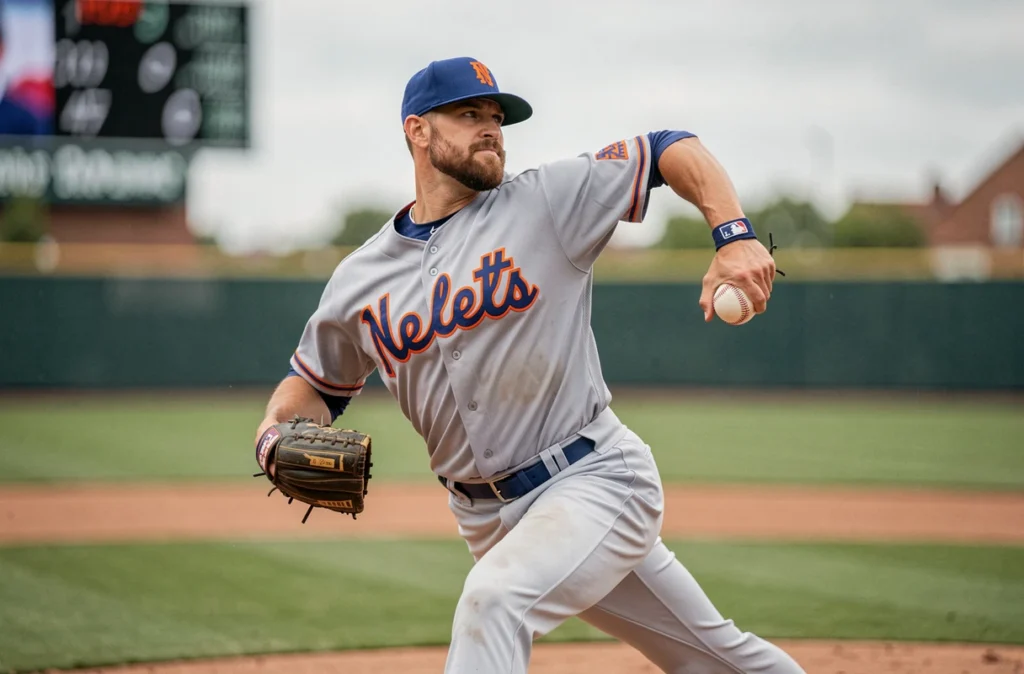 Lanceur des Mets de New York en plein geste de lancer sur le monticule, uniforme gris extérieur avec lettres bleues et oranges