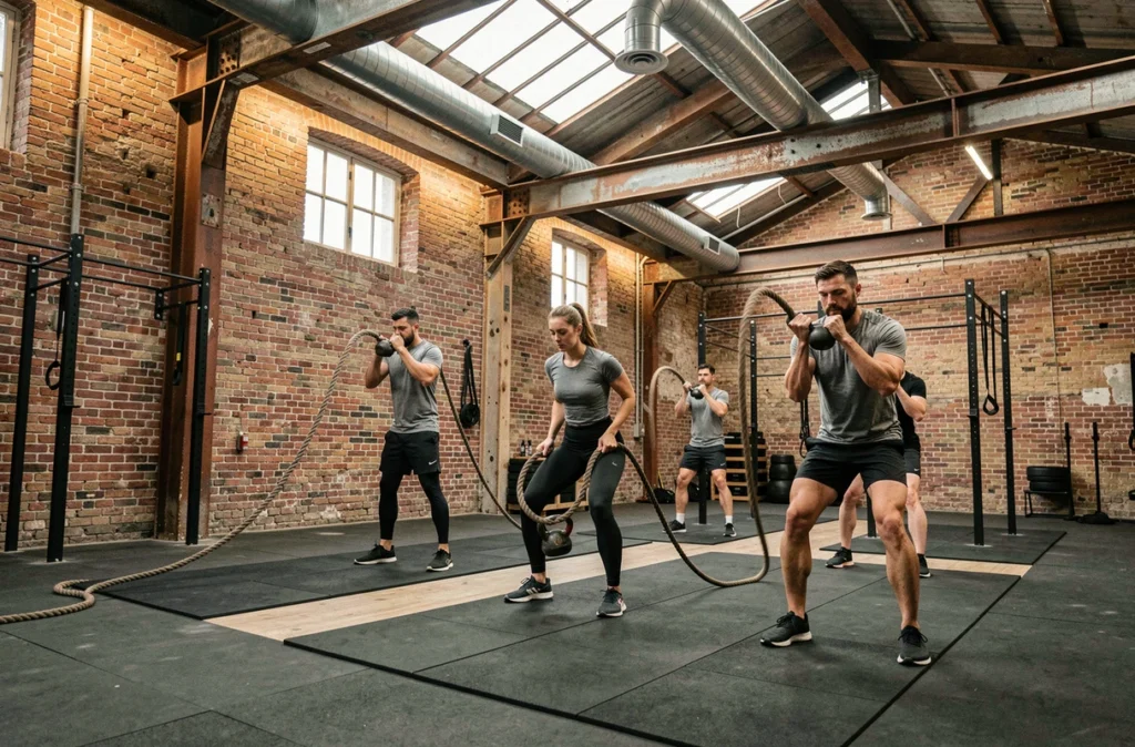 Salle de sport L'Usine à Paris avec décor industriel brut, briques apparentes et zone de cross-training