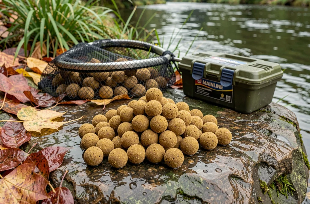 Bouillettes Mainline 15 mm dorées posées sur une roche humide au bord d'une rivière, avec filet et boîte de pêche en arrière-plan