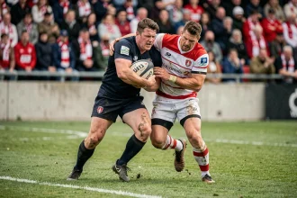 Deux joueurs de rugby en duel lors d'un match de Nationale 2, plaquage intense sur pelouse naturelle avec tribune en arrière-plan