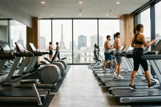 Vue panoramique d'une salle de sport parisienne moderne avec équipements alignés et grandes fenêtres urbaines