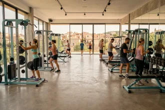 Vue panoramique d'une salle de musculation moderne dans les Bouches-du-Rhône avec équipements professionnels et pratiquants actifs