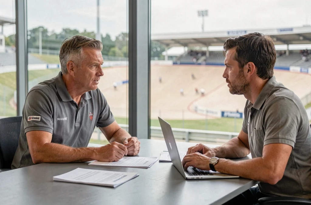 Manager d'équipe cycliste et coureur professionnel en négociation de contrat dans une salle de réunion moderne, illustrant les transferts du mercato 2026