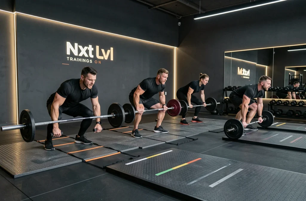 Centre de performance Nxt Lvl à Paris avec sol d'entraînement high-tech, décor sombre et athlètes en séance intensive