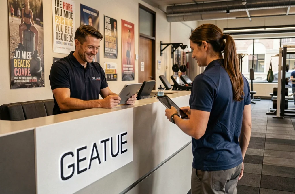 Accueil moderne de One Fitness Club Strasbourg Centre Gare avec coach et membre