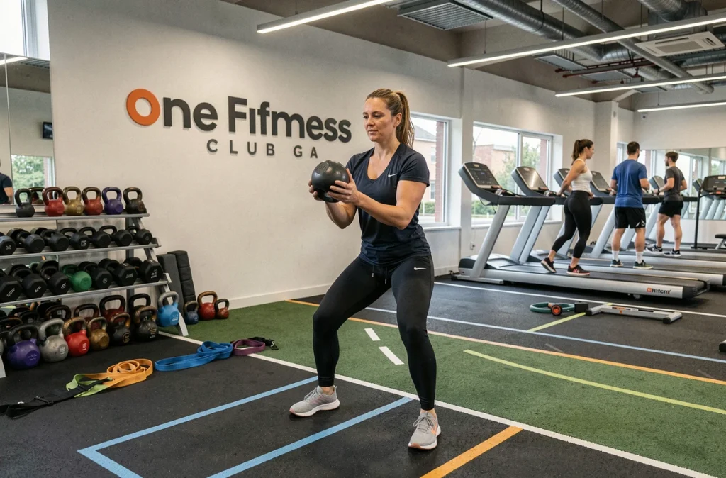 Zone functional training de One Fitness Club Strasbourg Meinau avec membre féminine au kettlebell