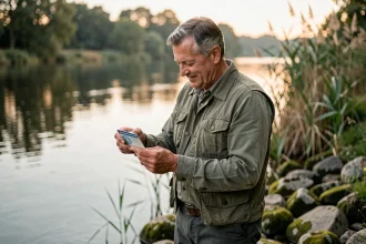 Pêcheur examinant sa carte de pêche au bord d'une rivière française au printemps