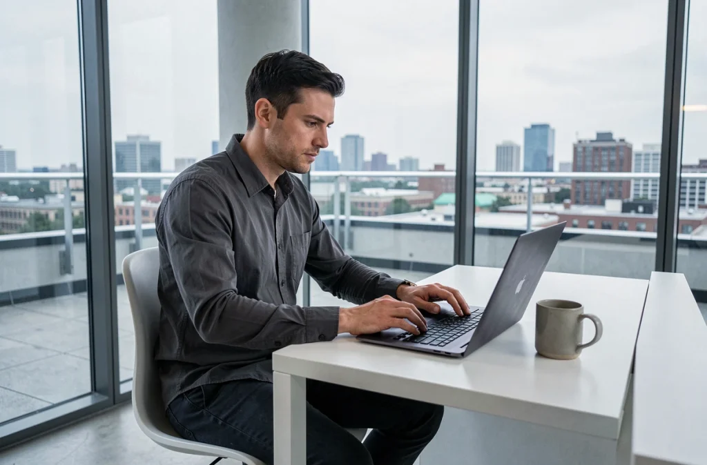 Homme travaillant sur son personal branding depuis un bureau à domicile minimaliste avec vue urbaine