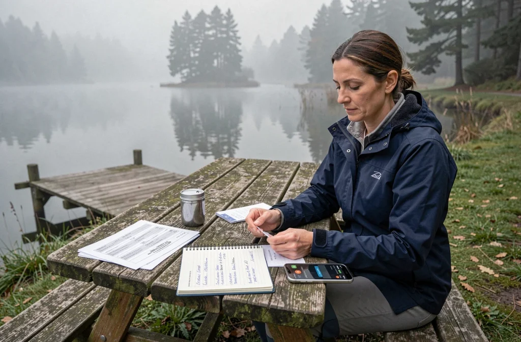 Femme planifiant sa saison de pêche avec permis et budget autour d'un lac