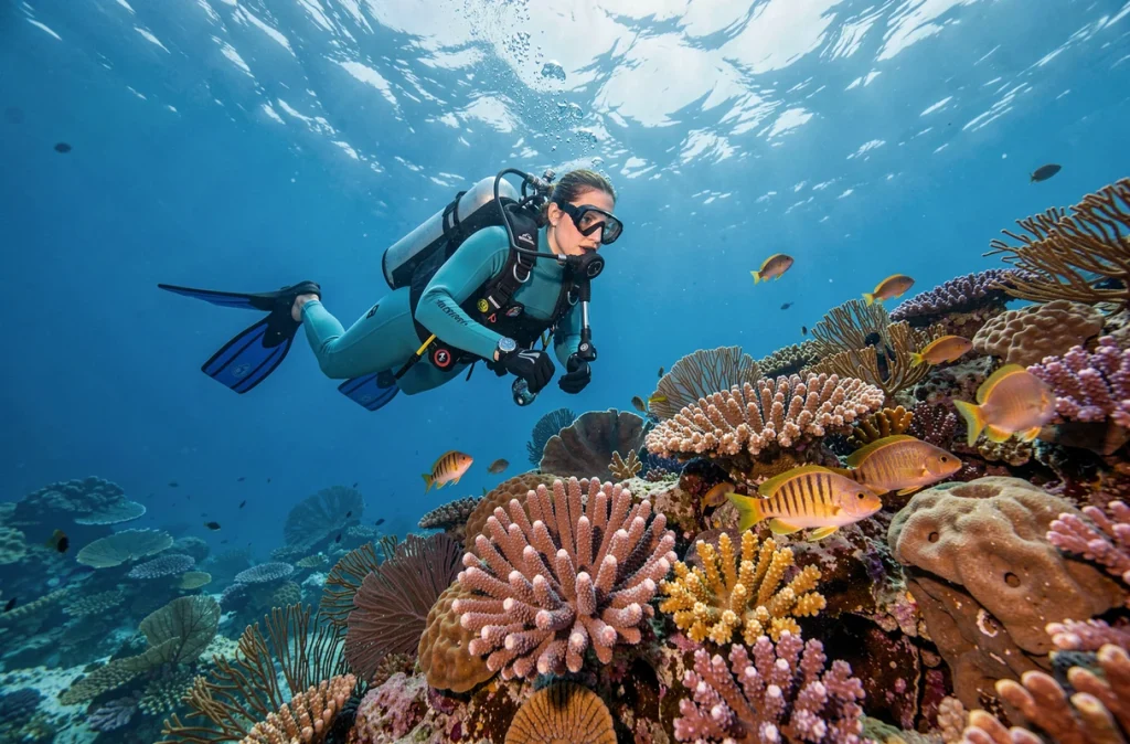 Plongeuse évoluant au-dessus d'un récif corallien coloré en mer Rouge près de Sharm El-Sheikh