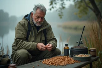 Pêcheur de carpe en train de préparer des bouillettes maison au bord d'un lac en France