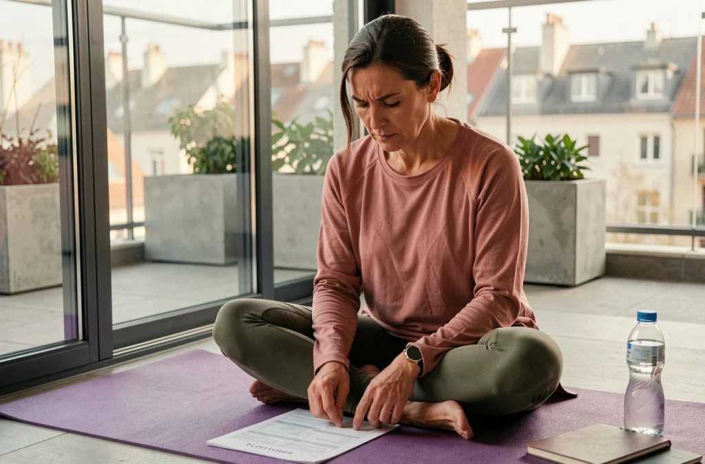 Femme consultant un programme Pilates imprimé seule sur son balcon urbain avec une expression concentrée