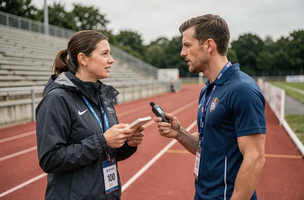 Journaliste de la gazette sport Amiens interviewant un athlète en bord de piste lors d'un événement sportif local