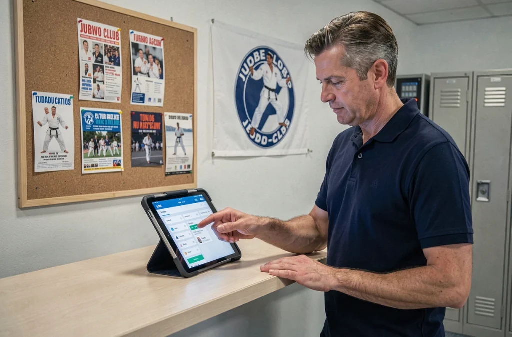 Responsable de club judo gérant les passeports et ceintures des adhérents via une tablette numérique