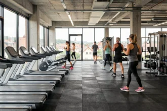 Vue d'ensemble d'une salle de sport moderne dans le Haut-Rhin avec équipements de fitness et membres actifs
