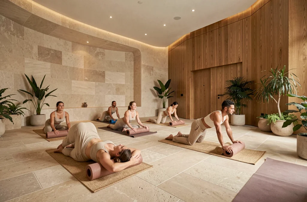 Espace bien-être Semper Wellness à Paris avec décor en pierre naturelle, bois chaleureux et zone yoga sereine
