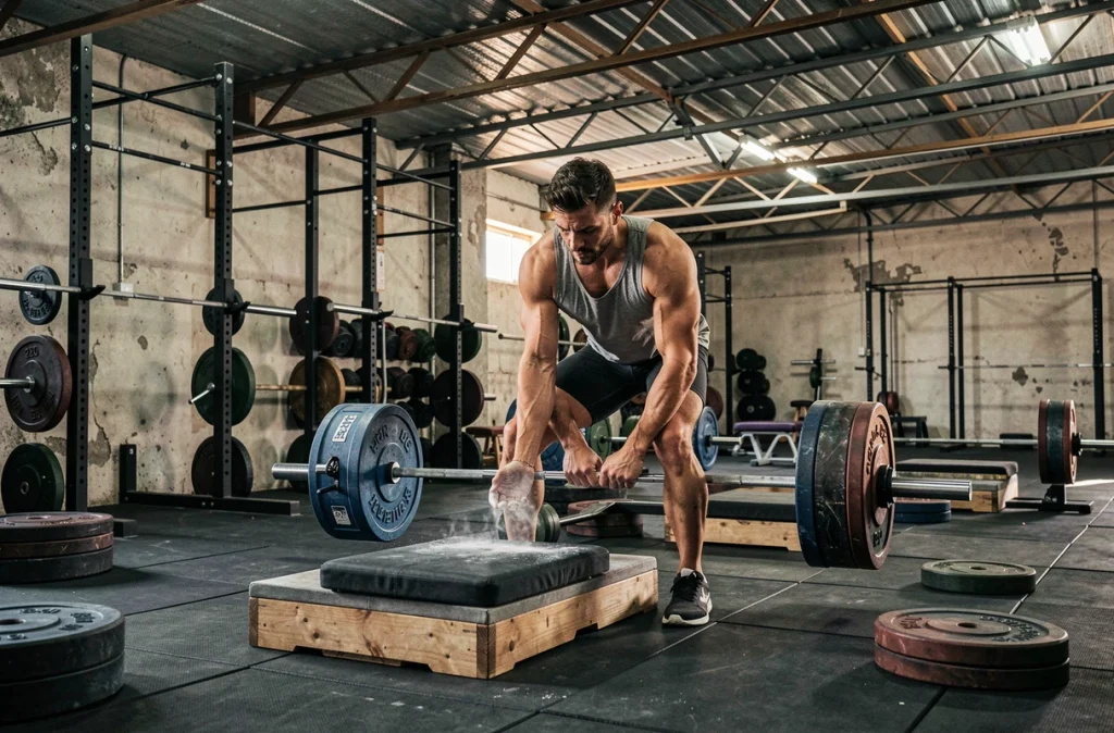 Salle de force SET Marseille Mazargues avec plateformes de powerlifting et barres de compétition sur sol en caoutchouc noir