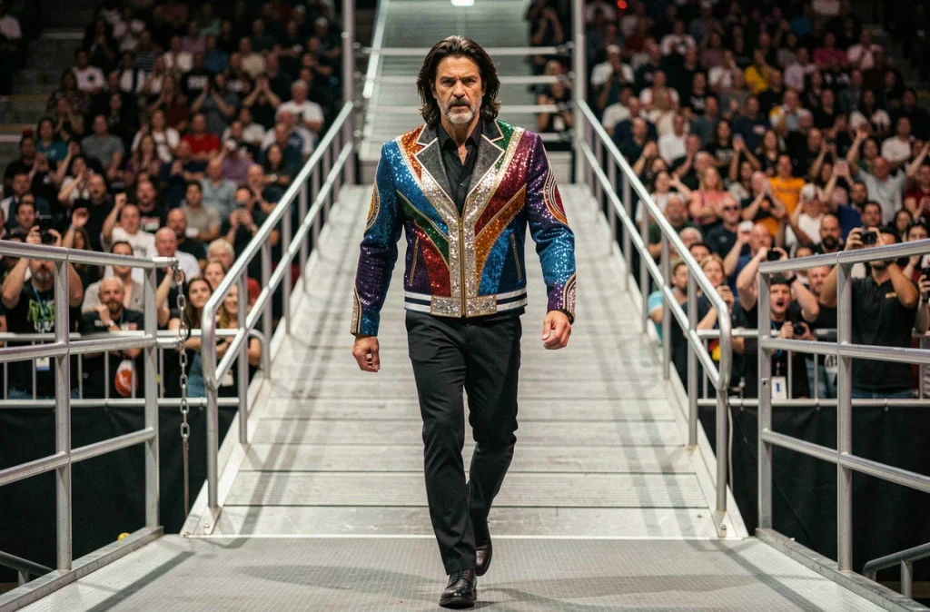 Catcheur au style extravagant descendant la rampe d'entrée vers le ring sous les yeux de milliers de spectateurs, incarnant la transformation du personnage Freakin dans la WWE