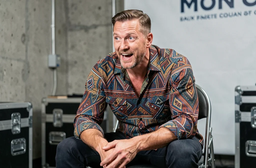 Catcheur professionnel en entretien backstage à l'expression animée, portant une chemise à motifs colorés emblématique du personnage Freakin de Seth Rollins dans un contexte éditorial