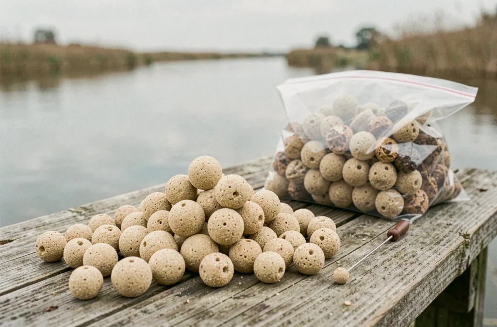Bouillettes Shimano TX1 Tiger Nut 15 mm beige crème avec noix tigrées séchées et aiguille à appâts sur planche de bois