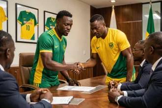 Joueur de football congolais signant un contrat de transfert dans les bureaux d'un club de RD Congo en 2026