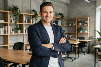 Simon Lebriacs en blazer marine dans un espace de coworking moderne, incarnant un personal branding authentique et contemporain