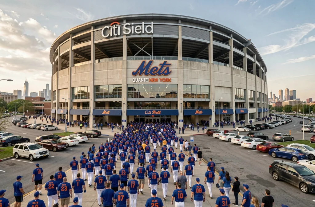 Vue extérieure du stade Citi Field des Mets de New York un jour de match, avec des fans en tenue bleue et orange devant l'entrée principale