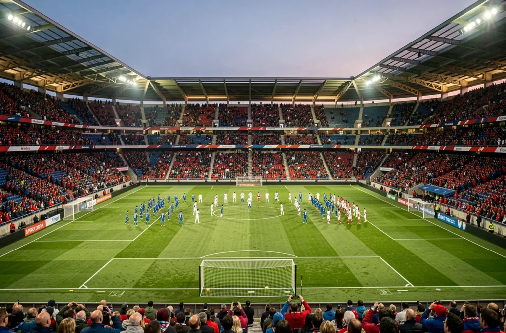 Vue panoramique d'un stade de football rempli lors du classique PSG Olympique de Marseille avec les deux équipes à l'échauffement sur la pelouse