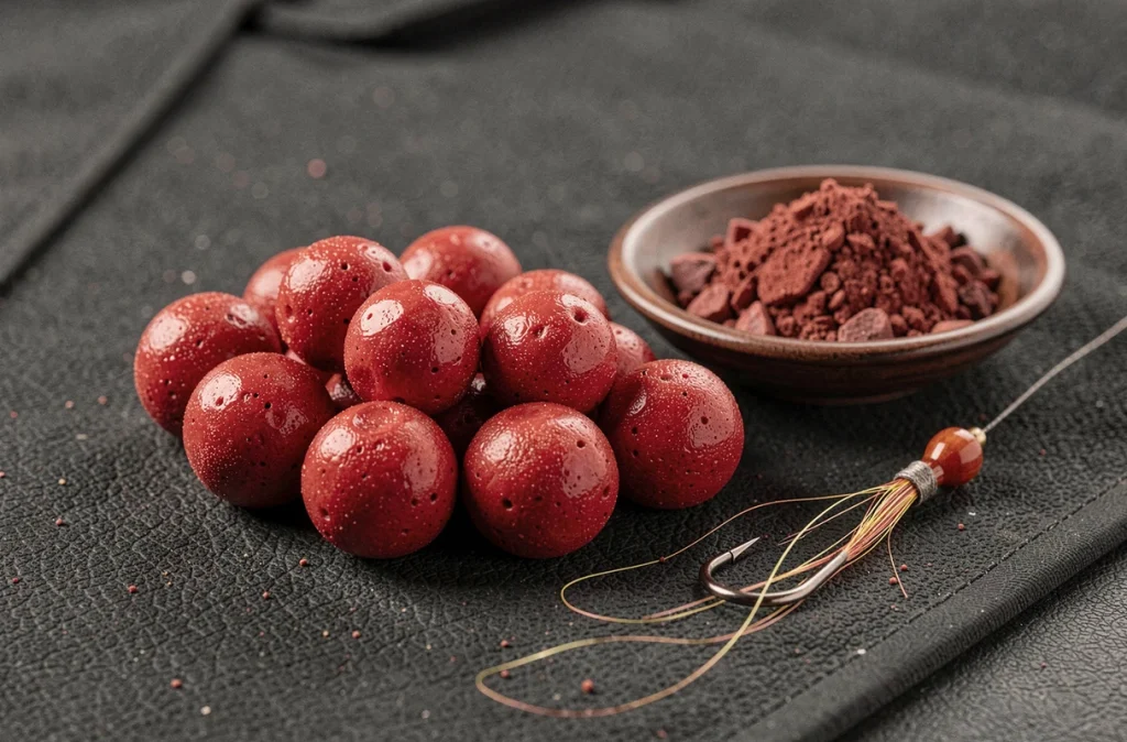Pop-ups Starbaits Red Liver 10 mm rouge vif avec poudre de foie et bas de ligne sur tapis de pêche sombre