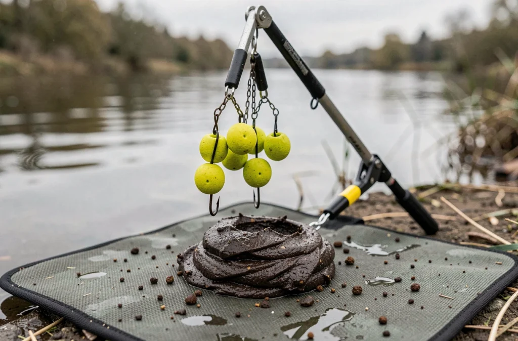 Pop-ups Starbaits SK30 10 mm jaune-vert montés sur un montage wafter feeder avec pâte de groundbait au bord de l'eau