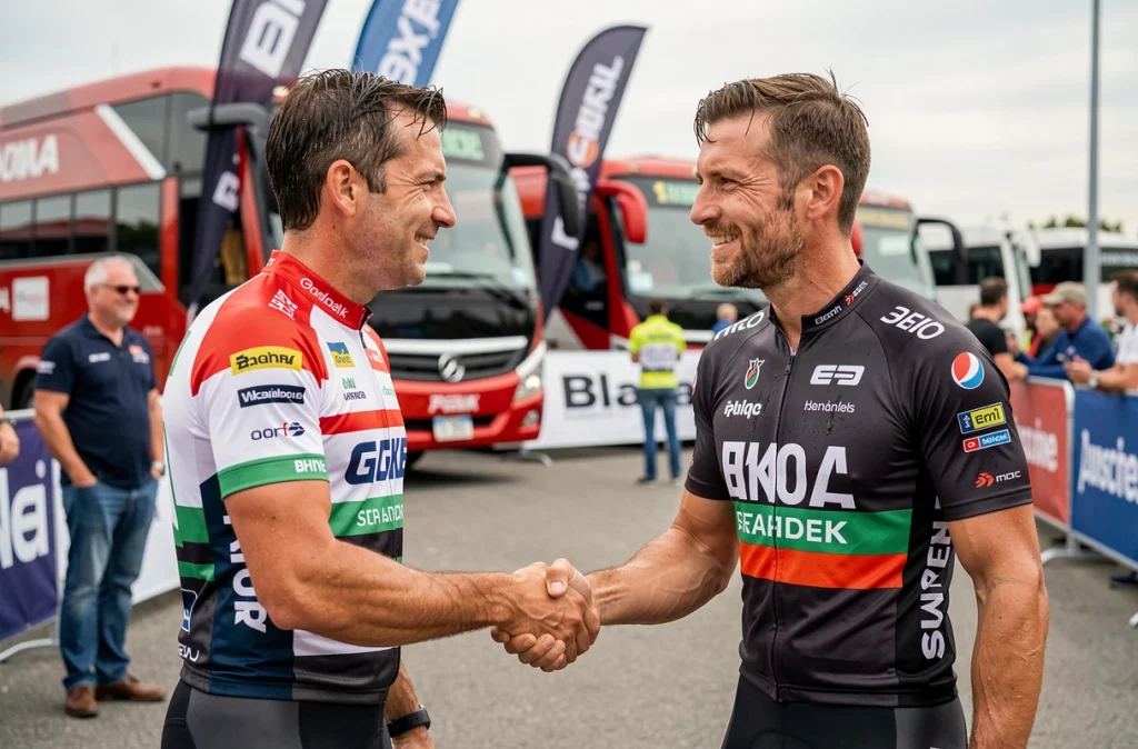 Deux cyclistes de star de différentes équipes se serrent la main lors d'un rassemblement post-course, symbolisant les négociations du mercato cyclisme 2026