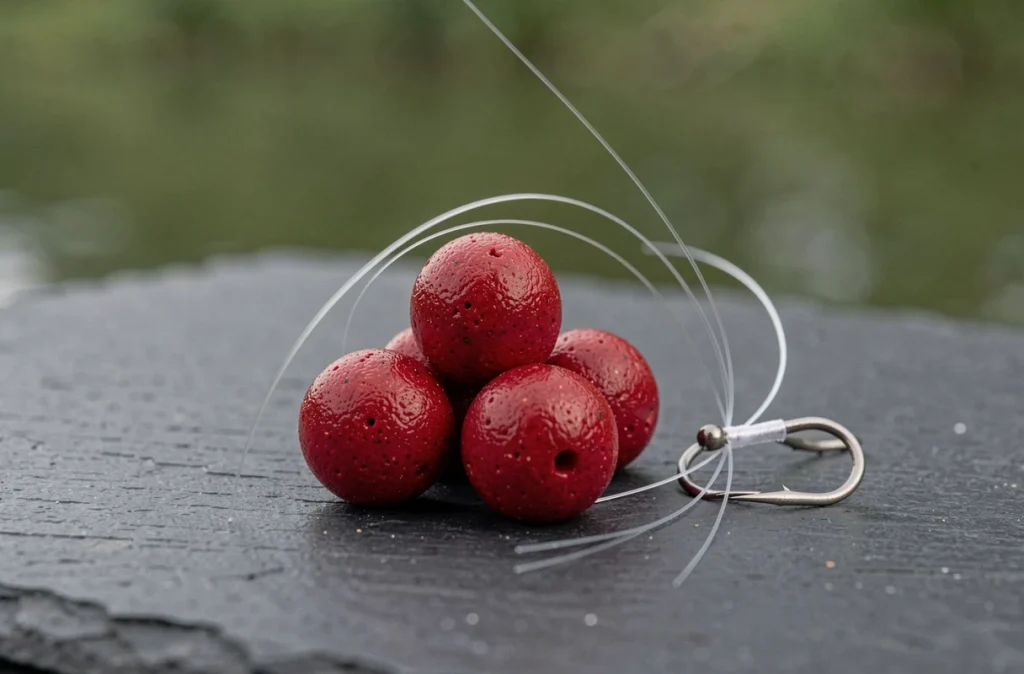 Bouillettes Sticky Baits Manilla 12 mm rouge foncé sur ardoise avec bas de ligne fin et hameçon pour pêche de précision