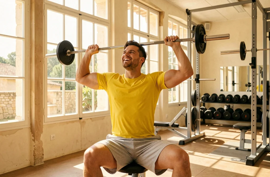 Intérieur ensoleillé de Sun Gym Aix-en-Provence avec grandes fenêtres, machines de musculation et espace haltères