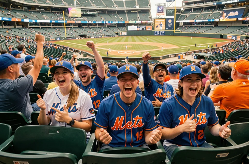 Groupe de supporters des Mets de New York en tribune, portant casquettes et maillots bleus et oranges, lors d'un match de baseball MLB