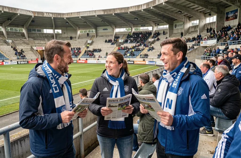 Supporters amiénois lisant la gazette sport Amiens dans les tribunes d'un stade de football régional