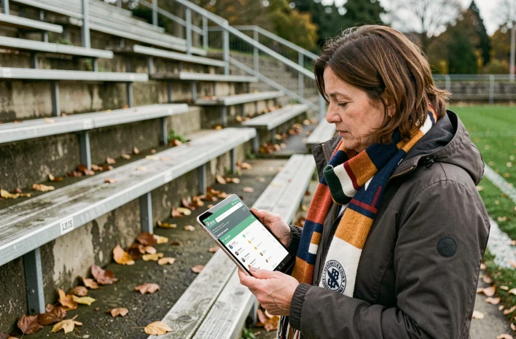 Supportrice de rugby Fédérale 3 suivant les résultats en direct sur une tablette dans un stade régional