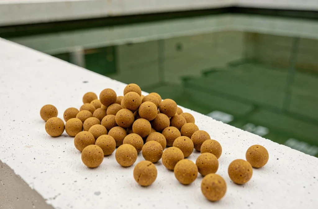 Bouillettes Tandem Baits Euro Boilies Scopex 16 mm dorées au bord d'un carpodrome avec bassin en béton blanc et eau verte