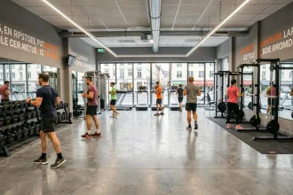 Vue panoramique d'une salle de sport moderne dans le Bas-Rhin avec zones de musculation et cardio