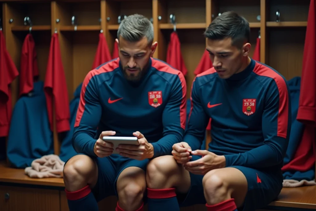 Deux footballeurs professionnels dans le vestiaire consultant des statistiques, symbolisant les différences de statut et de salaire entre titulaires et remplaçants au PSG