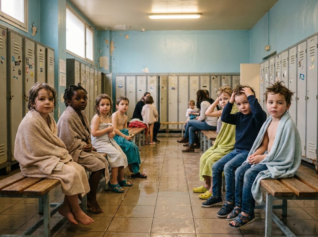 Groupe d'enfants en train de se changer après une séance de natation dans les vestiaires d'une piscine municipale parisienne